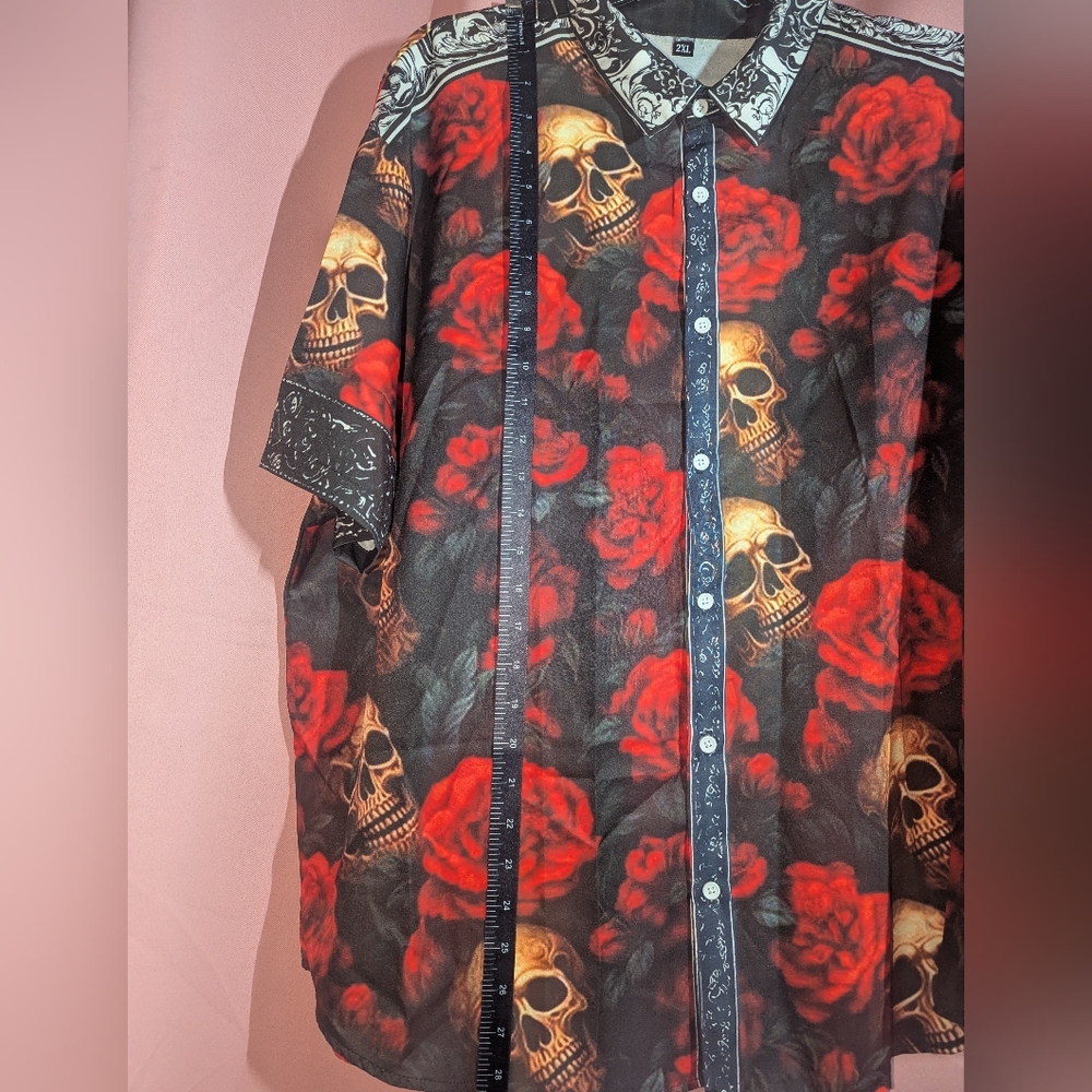 Skull & Roses Collared Button Down 2XL (Runs Small) - Picture 5 of 10